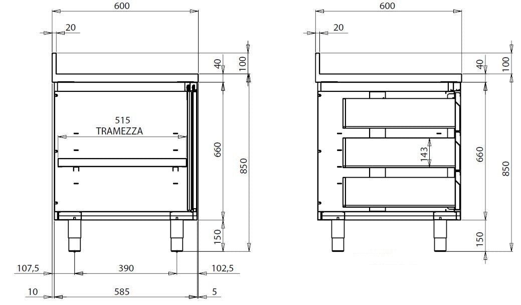 Edelstahl-Arbeitsschrank ECO mit Schiebetür und 3 Schubladen 20x6