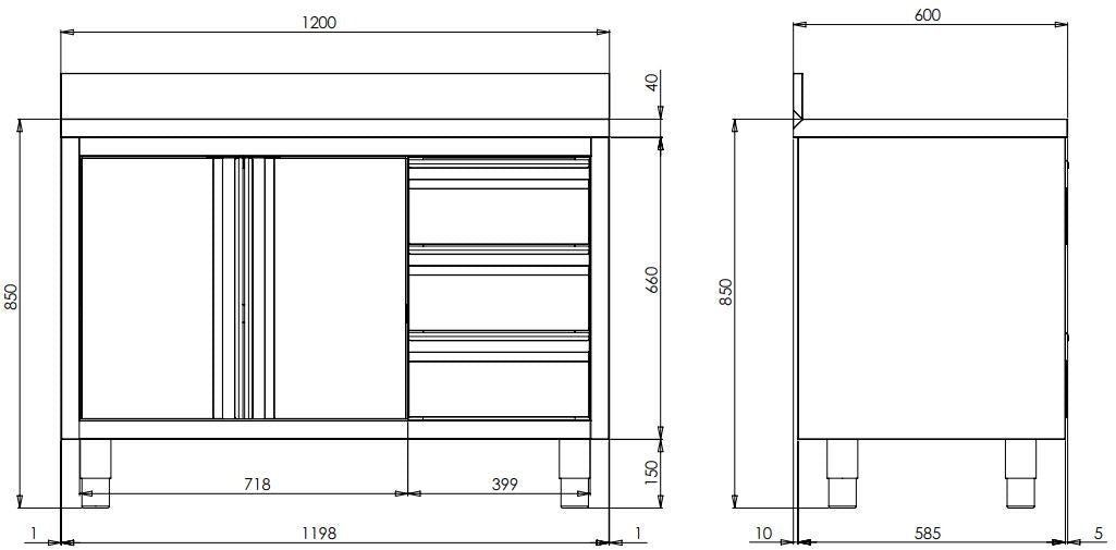 Edelstahl-Arbeitsschrank ECO mit Flügeltür und 3 Schubladen 12x6 mit Aufkantung