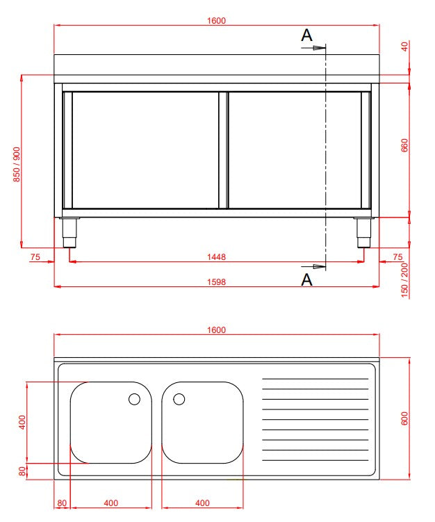 Meuble évier Eco 16x6 avec 2 vasques à gauche