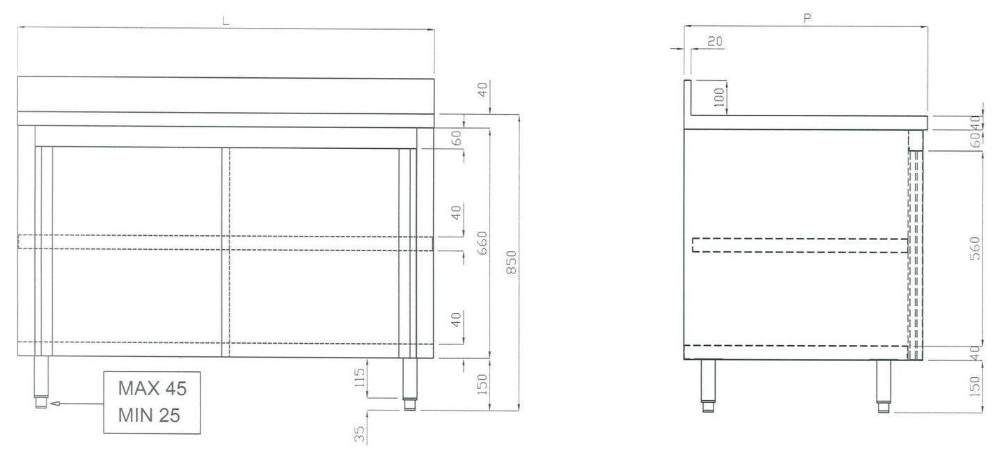 Armoire de travail en inox ECO 15x7 avec dosseret