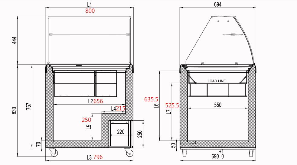 Eiskühltheke ECO 200, 800 mm Breite inkl. Eisbehälter & Drahtkörbe, auf Rollen