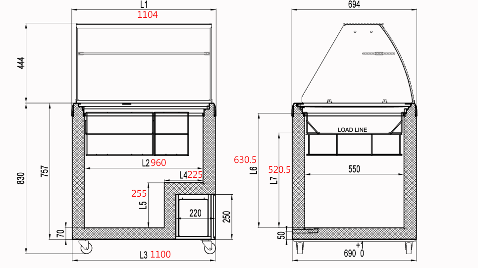 Eiskühltheke ECO 300, 1100 mm Breite inkl. Eisbehälter & Drahtkörbe, auf Rollen