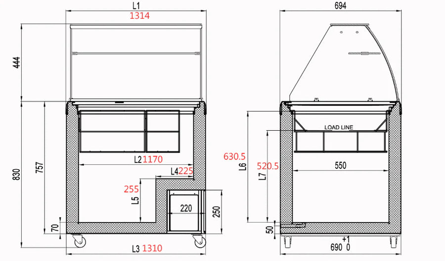 Eiskühltheke ECO 400, 1300 mm Breite inkl. Eisbehälter & Drahtkörbe, auf Rollen