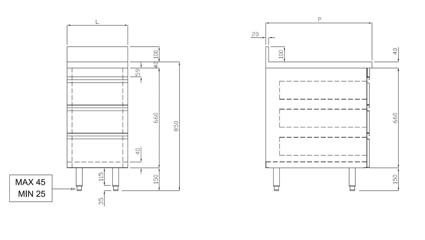 Edelstahl-Schubladenschrank ECO 3er Einheit 700 mit Aufkantung